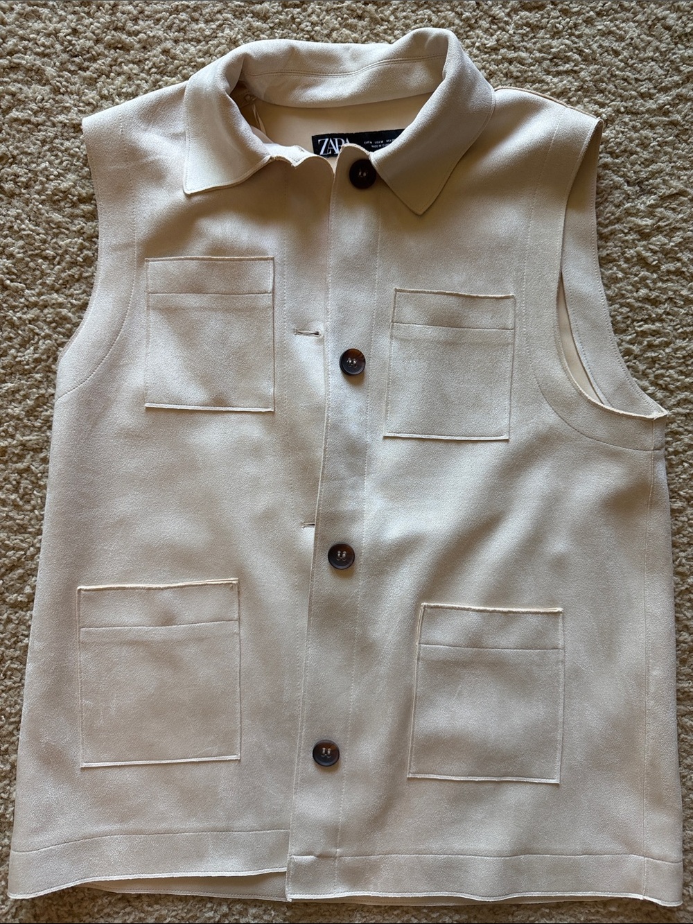 Zara Cream Sleeveless Button-Front Utility Vest